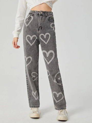 Teen Girls Heart Print Jeans