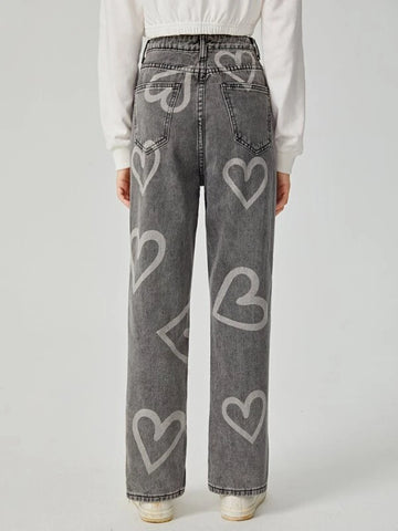 Teen Girls Heart Print Jeans