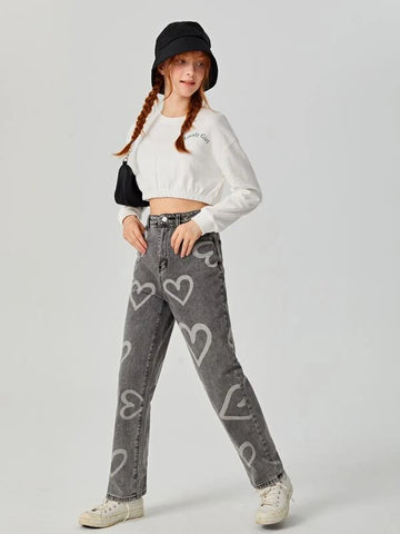 Teen Girls Heart Print Jeans