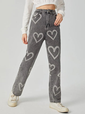Teen Girls Heart Print Jeans