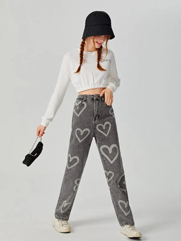 Teen Girls Heart Print Jeans