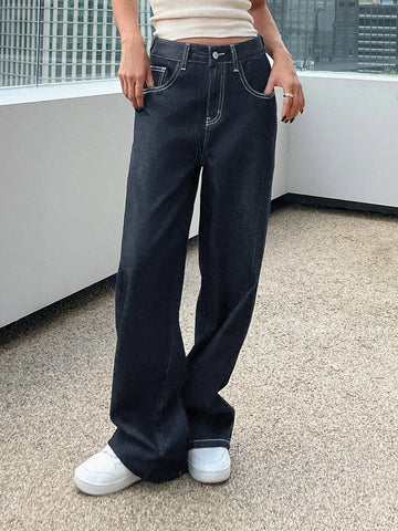 DAZY Top-stitching Slant Pocket Straight Leg Jeans