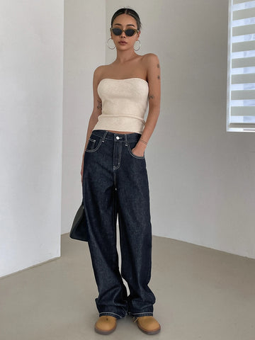 DAZY Top-stitching Slant Pocket Straight Leg Jeans