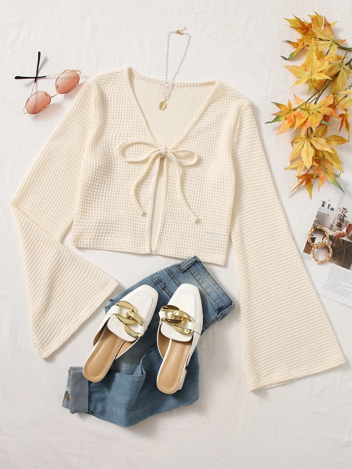 Tie Front Bell Sleeve Crop Top