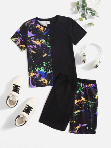 Boys Reflective Splattered Paint Tee & Shorts