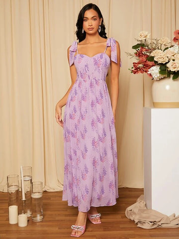 Floral Print Tie Shoulder Bustier Cami Dress