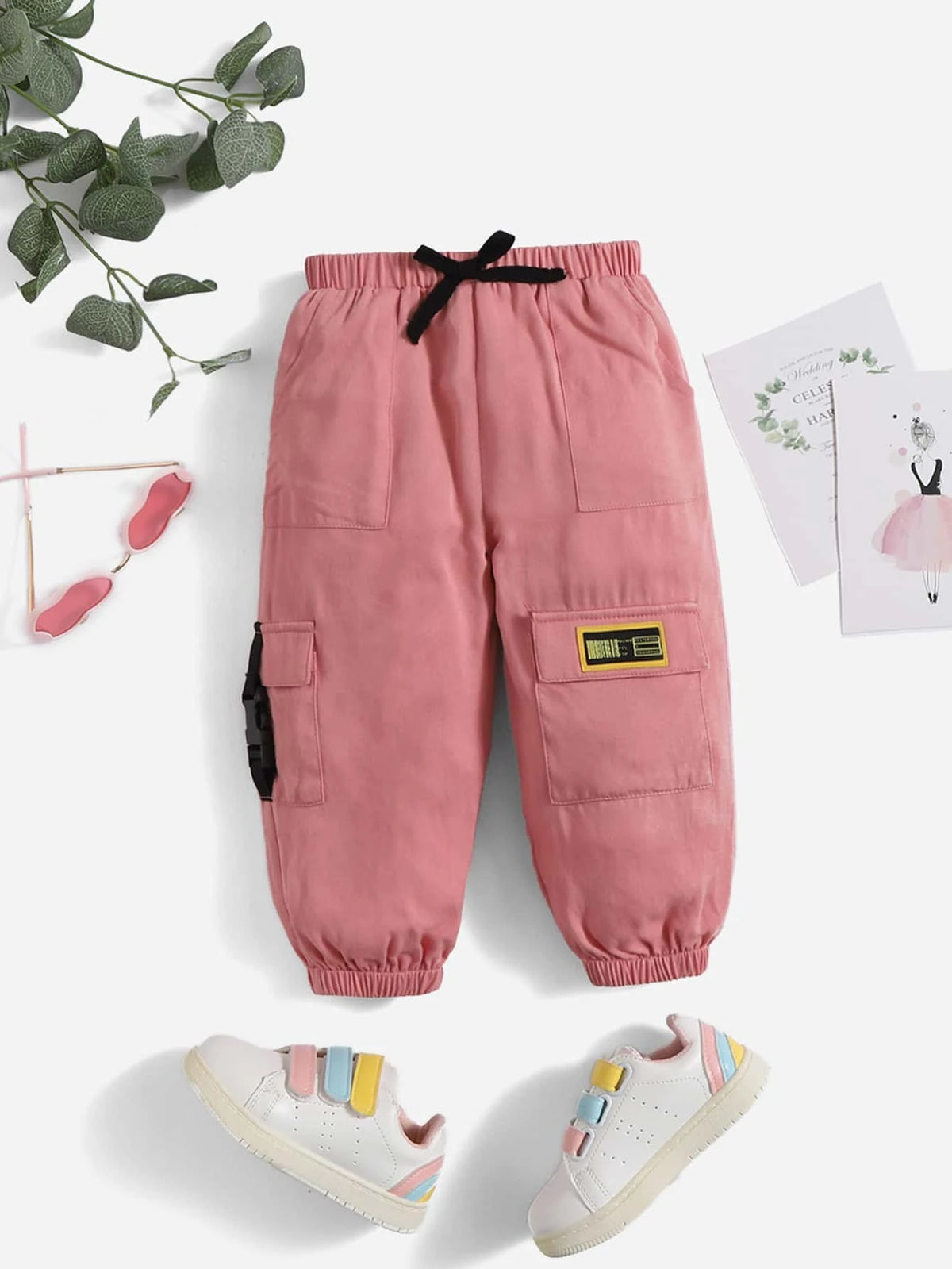 Baby Letter Patched Buckled Detail Flap Pocket Tie Front Pants