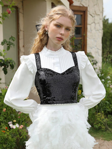 MOD Contrast Sequin Crop Wide Strap Top