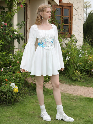 MOD Floral Print Bell Sleeve Corset Waist Tie Front 2 In 1 Dress