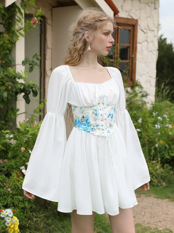 MOD Floral Print Bell Sleeve Corset Waist Tie Front 2 In 1 Dress