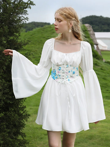 MOD Floral Print Bell Sleeve Corset Waist Tie Front 2 In 1 Dress