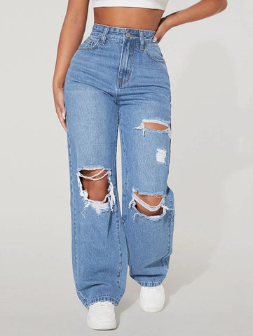PETITE High Waist Ripped Straight Leg Jeans