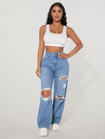 PETITE High Waist Ripped Straight Leg Jeans
