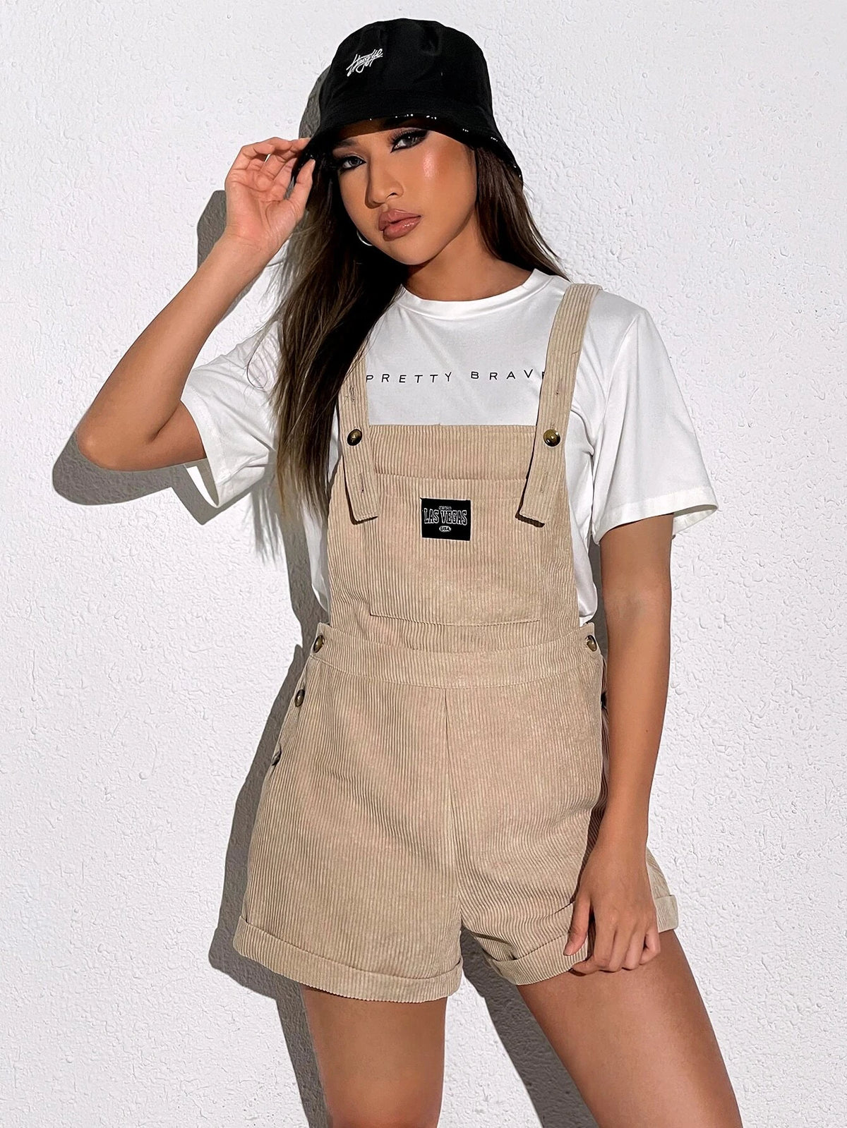 Patch Detail Roll Hem Corduroy Overall Romper Without Tee