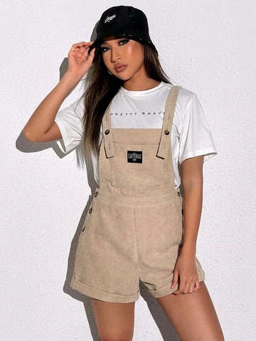 Patch Detail Roll Hem Corduroy Overall Romper Without Tee