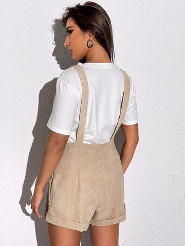 Patch Detail Roll Hem Corduroy Overall Romper Without Tee