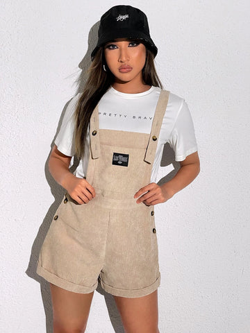 Patch Detail Roll Hem Corduroy Overall Romper Without Tee