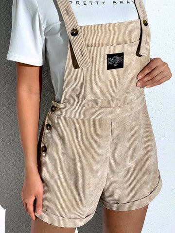 Patch Detail Roll Hem Corduroy Overall Romper Without Tee