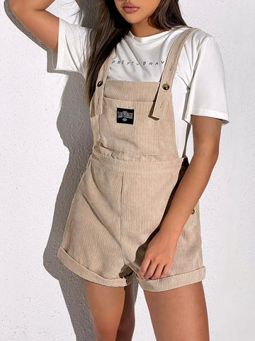 Patch Detail Roll Hem Corduroy Overall Romper Without Tee