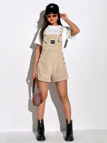 Patch Detail Roll Hem Corduroy Overall Romper Without Tee