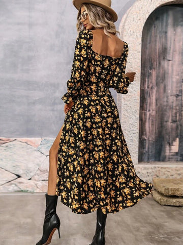 Floral Print Square Neck Flounce Sleeve Split Thigh Dress