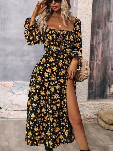 Floral Print Square Neck Flounce Sleeve Split Thigh Dress