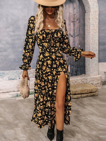 Floral Print Square Neck Flounce Sleeve Split Thigh Dress