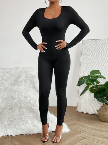 PETITE Solid Scoop Neck Unitard Jumpsuit