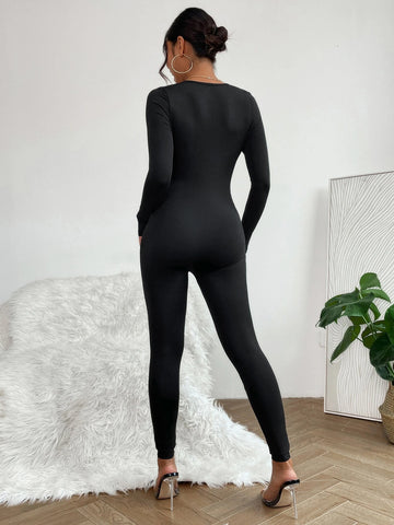 PETITE Solid Scoop Neck Unitard Jumpsuit