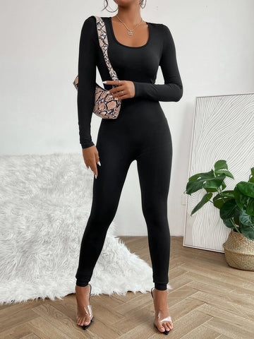 PETITE Solid Scoop Neck Unitard Jumpsuit