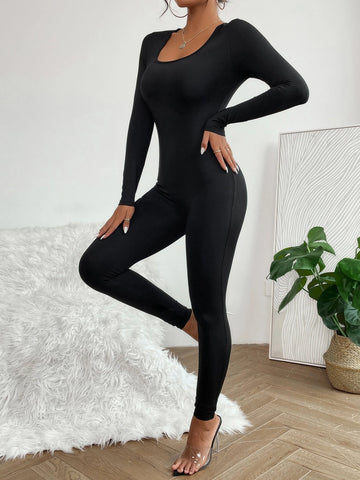 PETITE Solid Scoop Neck Unitard Jumpsuit