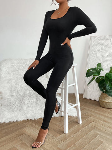 PETITE Solid Scoop Neck Unitard Jumpsuit