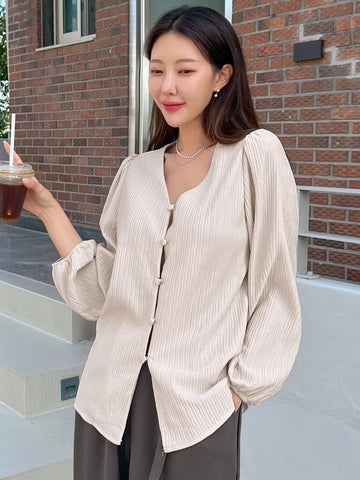 DAZY V Neck Lantern Sleeve Blouse