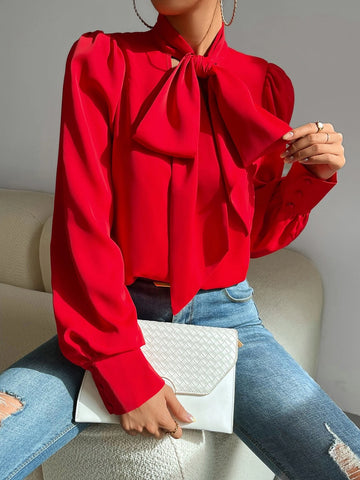 Solid Tie Neck Puff Sleeve Shirt