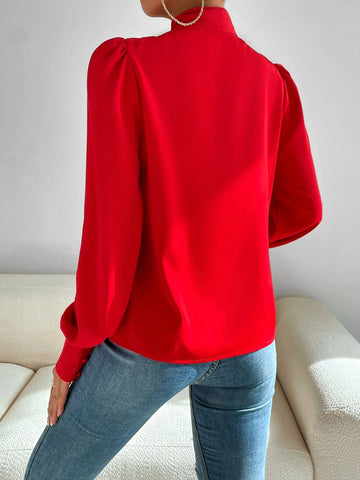 Solid Tie Neck Puff Sleeve Shirt