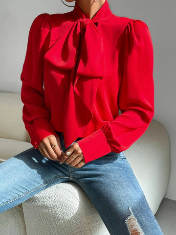 Solid Tie Neck Puff Sleeve Shirt