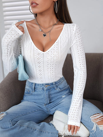 Deep V-neck Pointelle Knit Tee