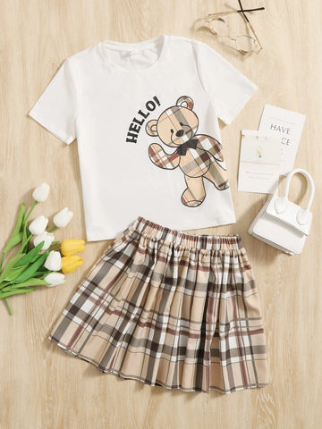 Girls 1 PC Cartoon Bear & Letter Graphic Tee & Plaid Skirt