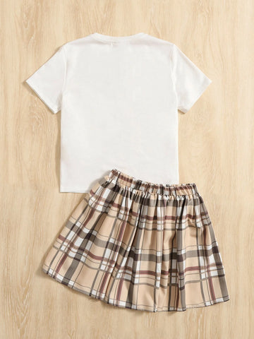 Girls 1 PC Cartoon Bear & Letter Graphic Tee & Plaid Skirt