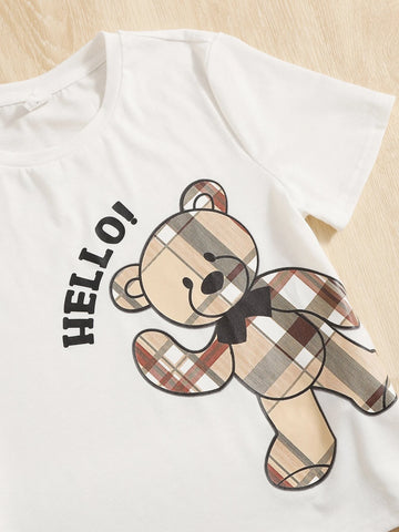Girls 1 PC Cartoon Bear & Letter Graphic Tee & Plaid Skirt
