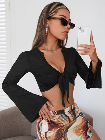 Tie Front Flounce Sleeve Crop Top