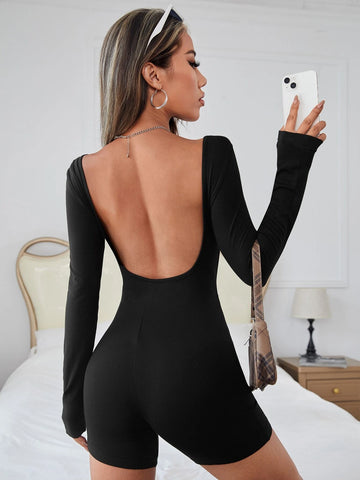 Solid Backless Unitard Romper