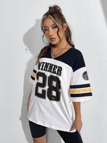 Colorblock & Letter Graphic Drop Shoulder Longline Tee