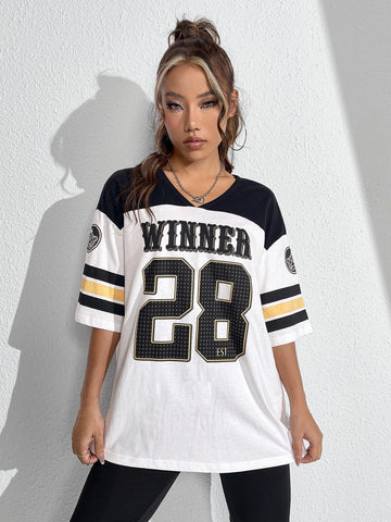 Colorblock & Letter Graphic Drop Shoulder Longline Tee