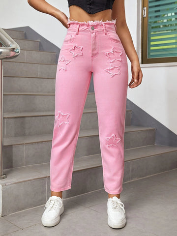 High Waist Frayed Trim Star Patched Mom Fit Jeans