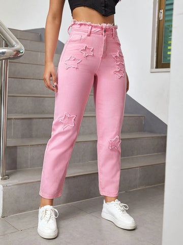 High Waist Frayed Trim Star Patched Mom Fit Jeans