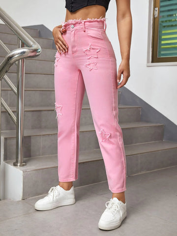 High Waist Frayed Trim Star Patched Mom Fit Jeans