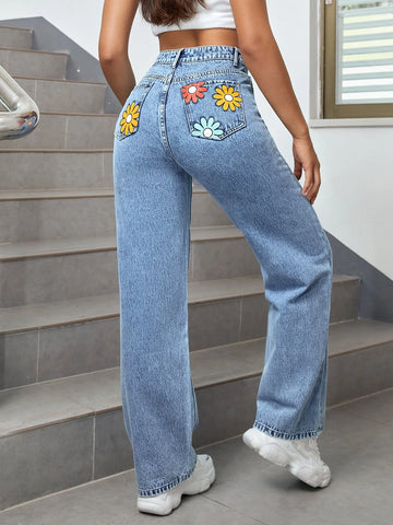 High Waist Floral Print Straight Leg Jeans