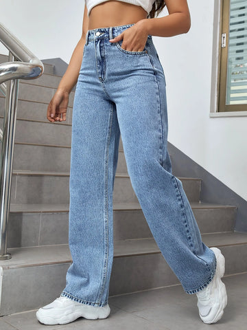 High Waist Floral Print Straight Leg Jeans