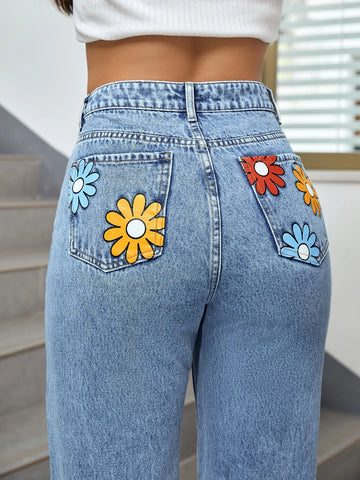 High Waist Floral Print Straight Leg Jeans